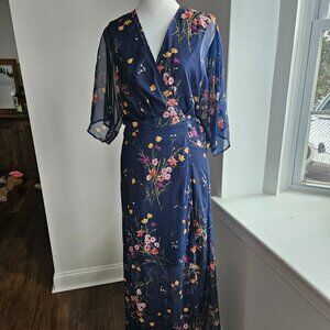 Floral Maxi Wrap Dress with Flutter Sleeve, Sheer Navy, Size M